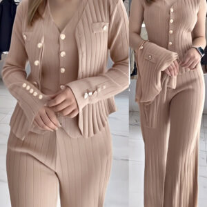 3 Pcs Outfits V Neck Long Sleeve Knit Coat with Metal Button Detail Tank Top Casual Long Pants Knit Sets