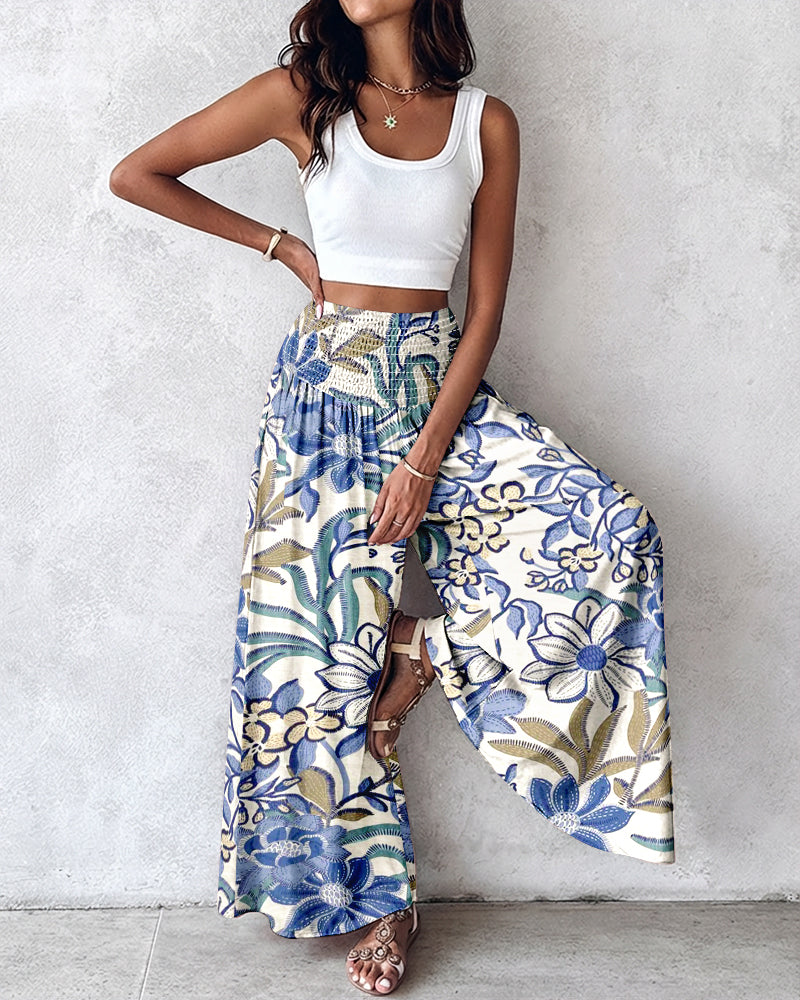 Vintage Floral Print High Waist Shirred Elastic Waist Wide Leg Pants - Image 2