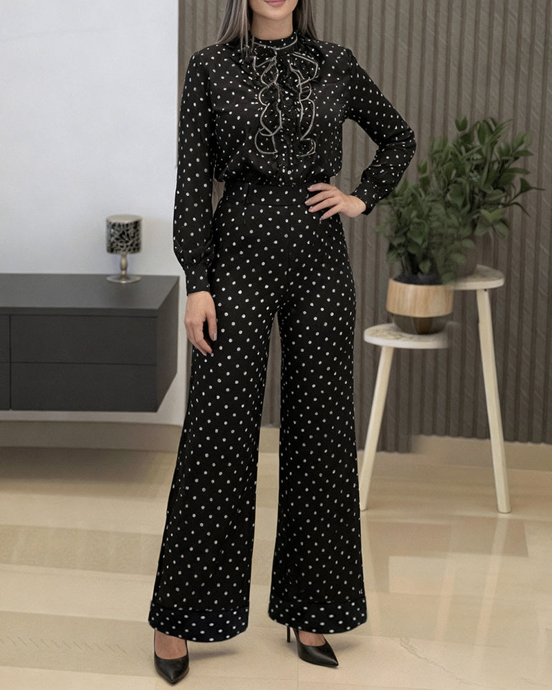 2 Pieces Outfit Stand Collar Button Front Ruffles Spliced Top and High Waist Straight Leg Pants Set Casual Polka Dot Print Commuting Set - Image 3