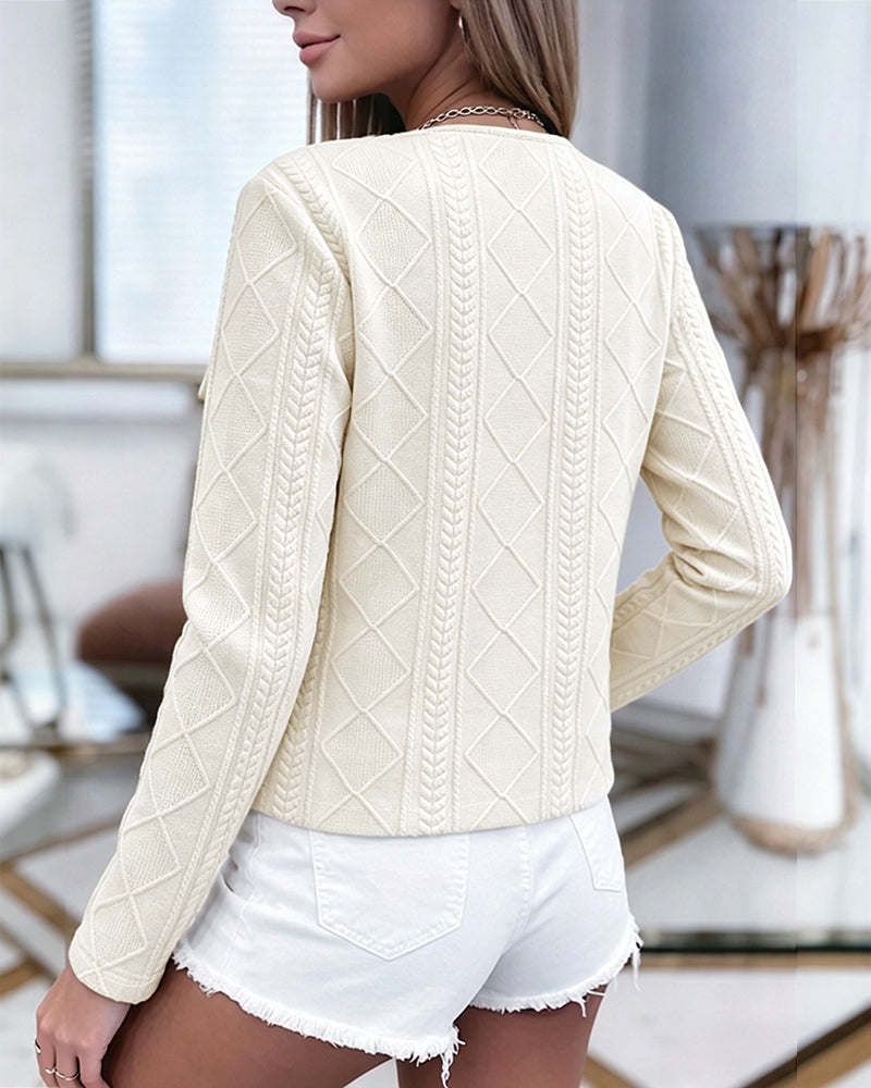 Women's French Style Cropped Jacket Round Neck Gold Button Coat Argyle Cable Jacquard Knit Outerwear - Image 17