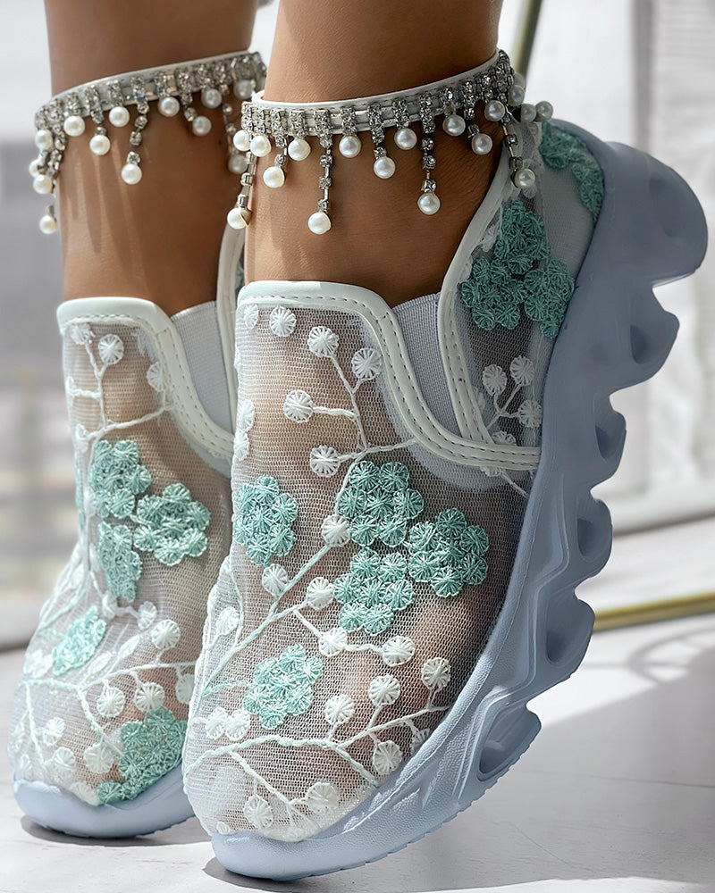 Floral Pattern Sheer Mesh Patch Round Toe Sneakers - Image 15
