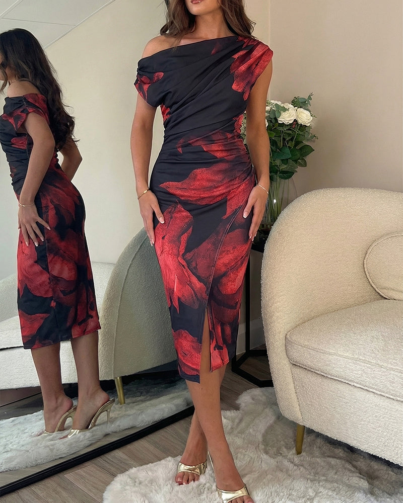 Women's Floral Print Skew Neck Mid-length Dress Ruched Wrapped Slit Bodycon Dress Elegant Party Cocktail Evening Gown - Image 6