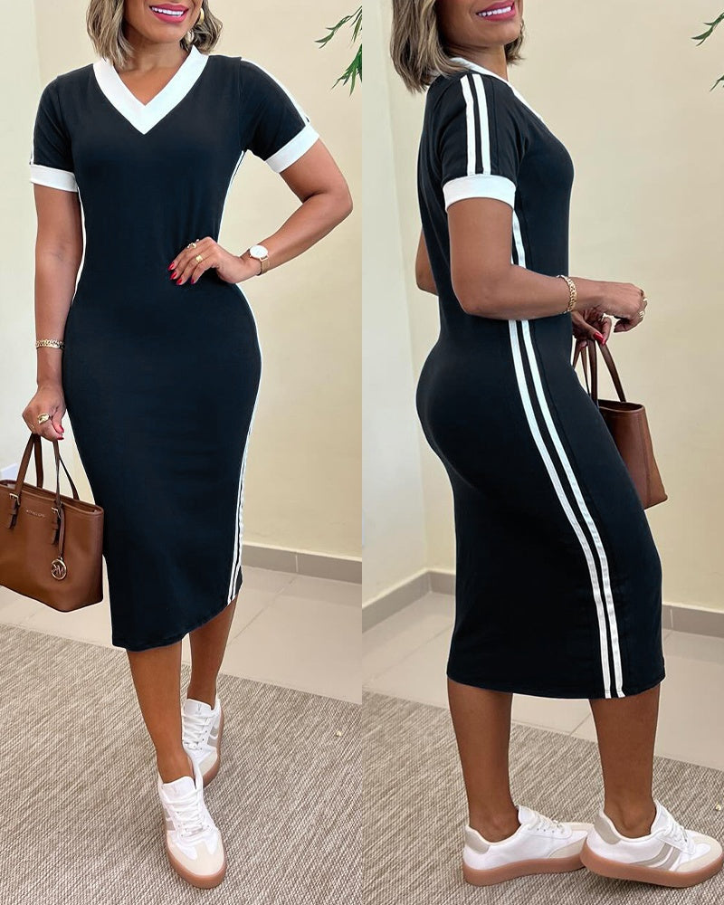 Women's Side Contrast Stripe V-Neck Dress Short Sleeve Slim Fit Casual Dress