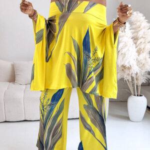 2 Pieces Outfit Plants Print Cold Shoulder Batwing Sleeve Top and Casual Wide Leg Pants Set