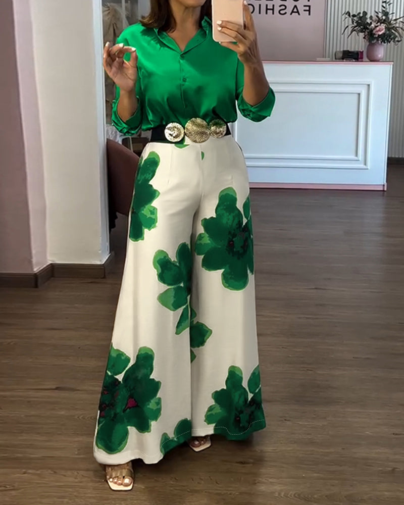 2 Pieces Outfit Long Sleeve Satin Blouse and Casual Floral Print High Waist Wide Leg Pants Set - Image 3