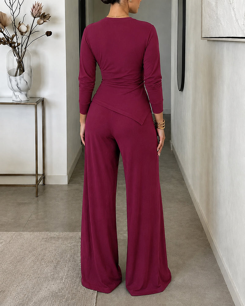Women's 2 Piece Ribbed Knit Set Gold Buckle Asymmetric Long Sleeve Draped Top and Wide Leg Pants Set - Image 2