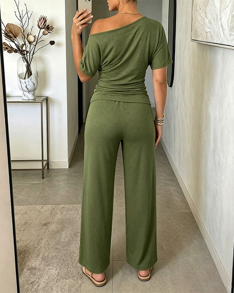 Women's Skew Neck 2 Piece Outfits Ruched Tie Waist Short Sleeve Top and High Waisted Wide Leg Pants Lounge Set - Image 10