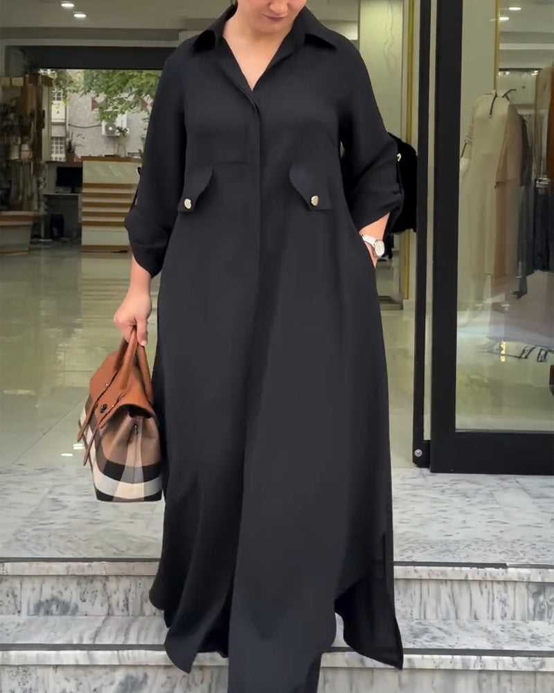 2 Pieces Outfit Turn-down Collar Turn-Up Sleeves Button Front Asymmetrical Hem Longline Blouse and Casual Elastic Waist Wide Leg Pants Set - Image 15