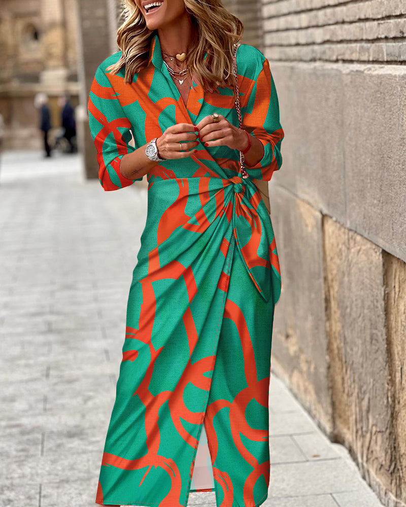 Abstract Print Turn-down Collar Tied Detail Ruched Dress Casual Wrap Front Vacation Dress - Image 3