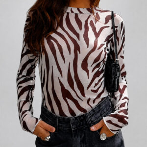Women's Vintage Zebra Stripe Print Sheer Mesh Top Mock Neck Long Sleeve Slim Fit Frill Hem Layering Top