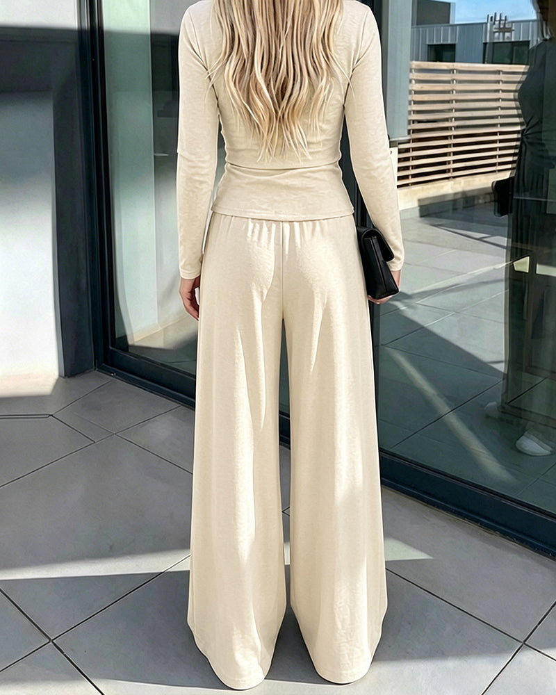Women's 2 Piece Knit Lounge Set Long Sleeve Tie Waist Top and High Waisted Wide Leg Pants Casual Soft Sweatsuit with Pockets - Image 22