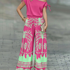 CHICME Women's 2 Piece Set Skew Neck Drawstring Top and High Waisted Wide Leg Tropical Print Pants with Pockets