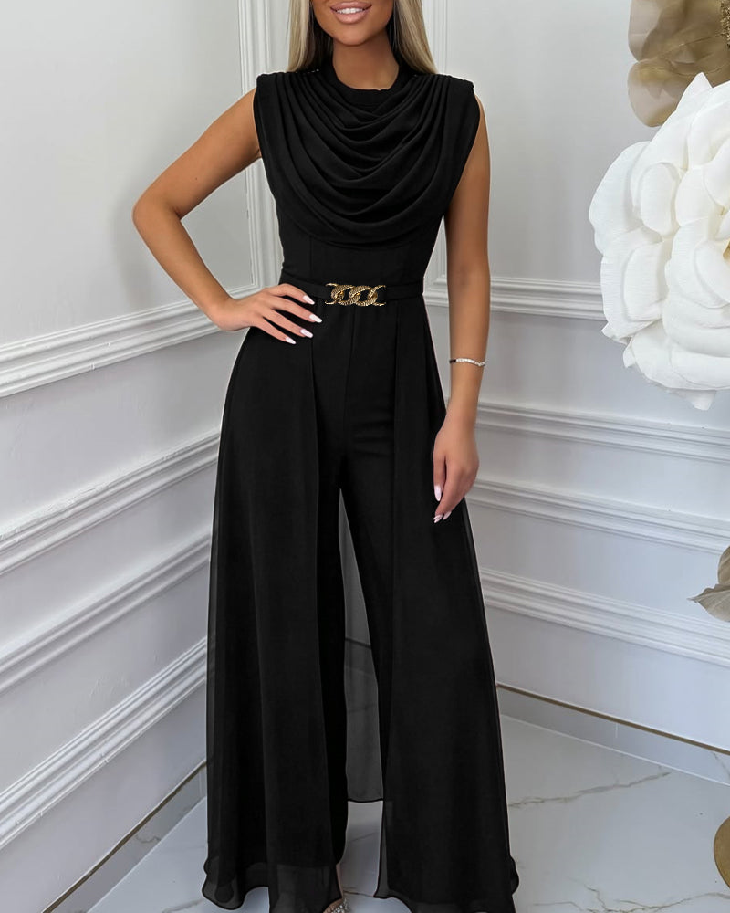 Women's Cowl Neck Wide Leg Jumpsuit High Waist Sleeveless Chiffon Overlay Spliced Evening Overalls with Belt - Image 5