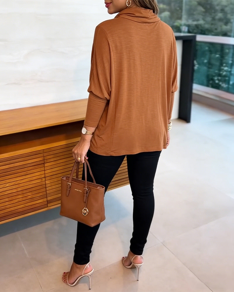Women's Cowl Neck Batwing Sleeve Top Casual Long Sleeve Loose Pullover Comfortable Soft Drape Blouse - Image 2