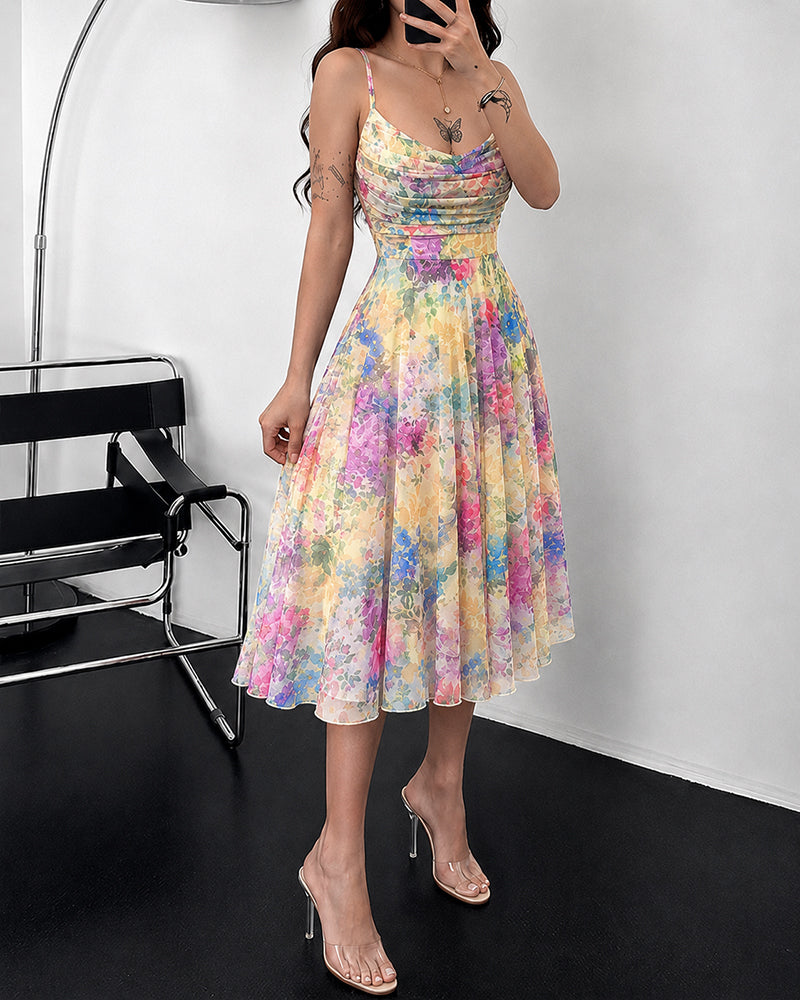 Women's Oil Painting Floral Mesh Midi Dress Sexy Cowl Neck Cami Dress High Waisted Ruched Backless A Line Sundress - Image 4