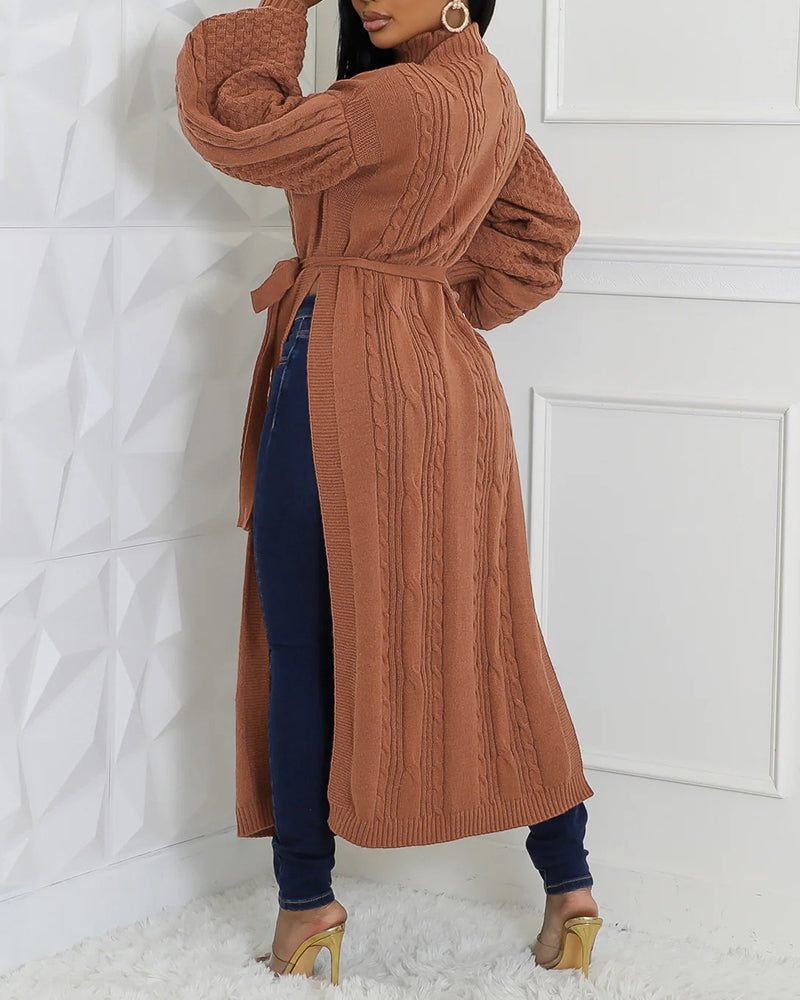 Cable Textured High Neck Lantern Sleeve Bow Tie Waist Sweater Casual High Slit Knit Longline Top - Image 2