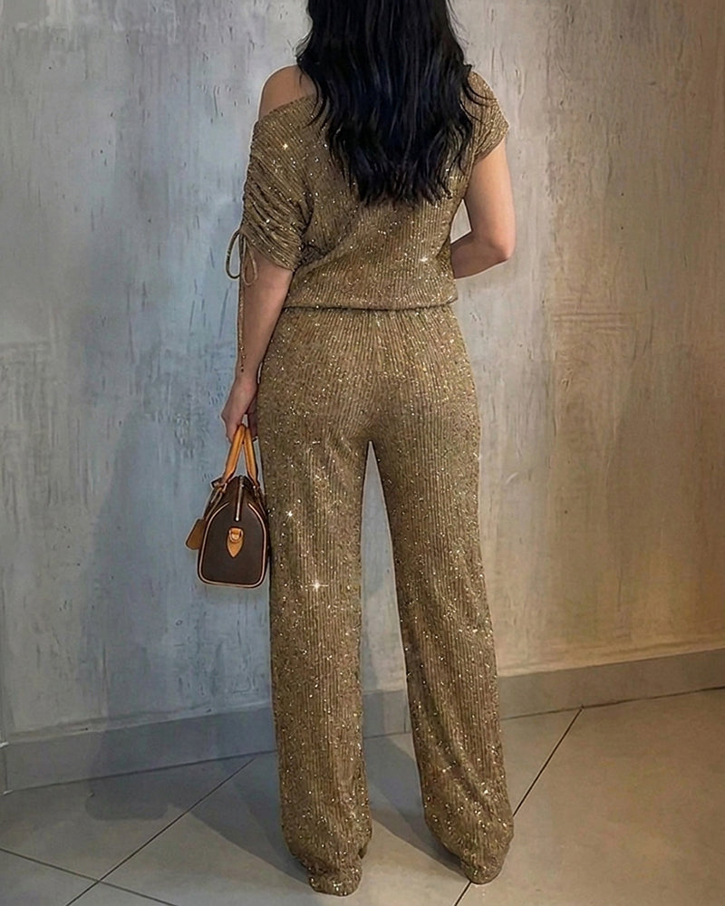 Women's Two-Piece Rhinestone Lounge Suit Skew Neck Top and Wide-Leg Pant Set Elegant Commuter Outfit with Pockets - Image 2