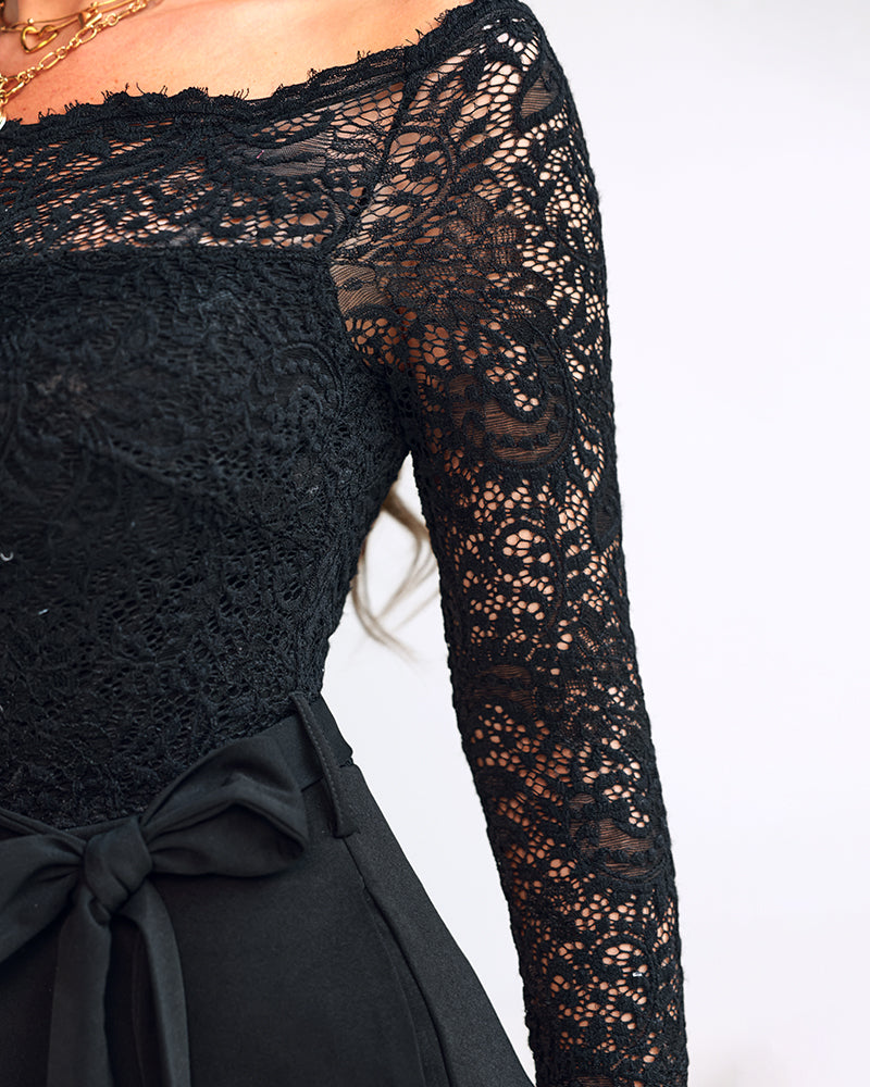 Off Shoulder Long Sleeve Eyelash Lace Spliced Slim Fit Overalls Casual Zipper Back Jumpsuit with Belt - Image 7