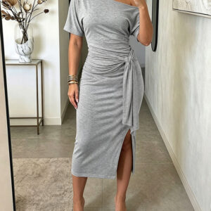 Women's Skew Neck Short Sleeve Tie Waist Bodycon Dress Ruched Side Slit Dress