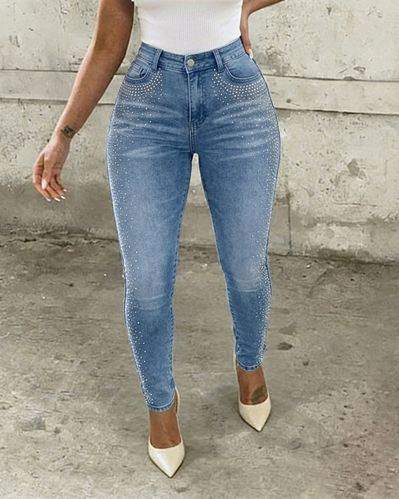 Rhinestone Decor High Waist Zipper Fly Skinny Jeans Washed Denim Pants without Belt - Image 13