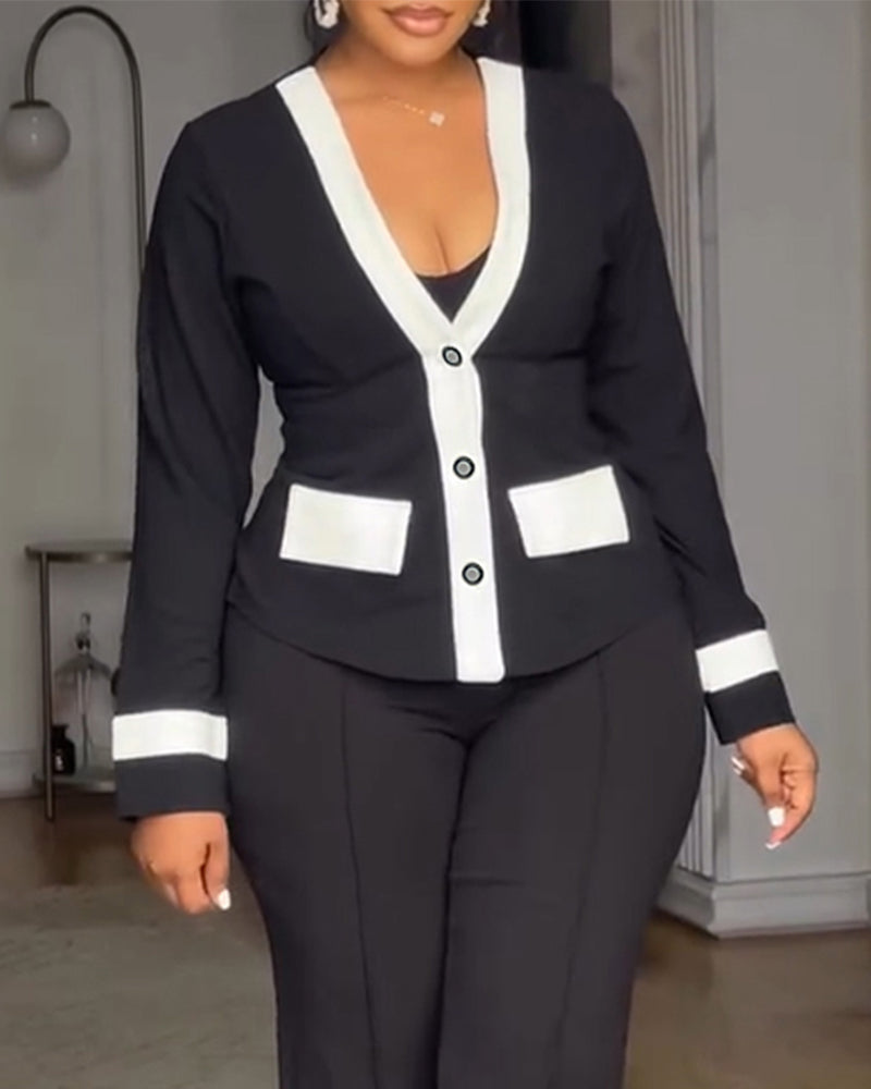 Women's Contrast Binding Coat Casual Slim Fit V Neck Jacket Button Front Office Business Workwear - Image 7