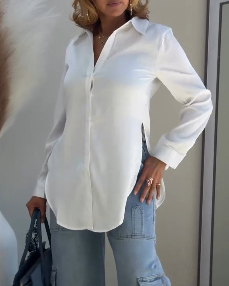 Turn-down Collar Roll Up Sleeve Button Front Shirt Casual Side Slit Curved Hem Top - Image 4