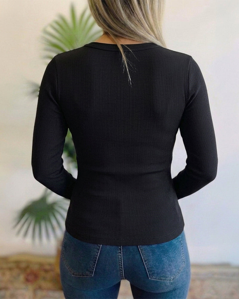Women's Crewneck Rhinestone Ribbed Knit Top Slim Fit Long Sleeve Top - Image 2