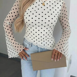 Women's Polka Dot Mesh Top Flare Long Sleeve Boat Neck Lined Asymmetric Frill Hem Blouse Vintage Party Shirt