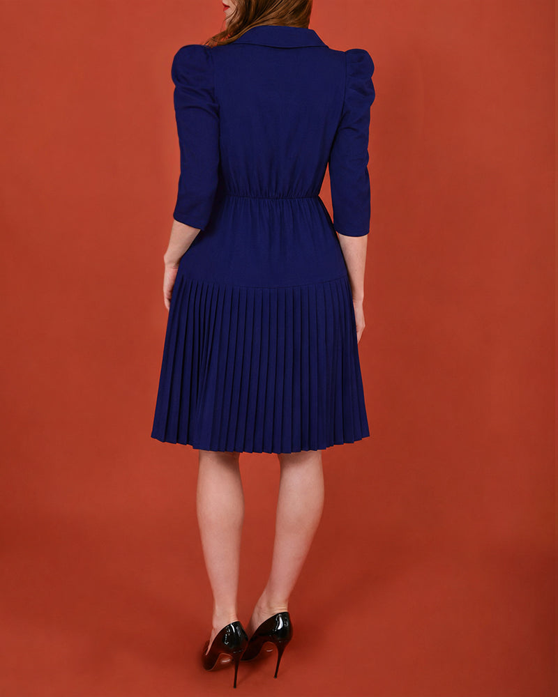 Women's Notch Lapel Blazer Dress Puff Sleeve Side Button Asymmetrical Pleated Hem A Line Work Dress - Image 6
