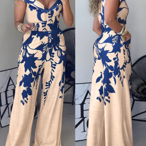 Floral Print Off Shoulder Sleeveless Deep V-Neck Jumpsuit Casual Zipper Side Wide Leg Jumpsuit