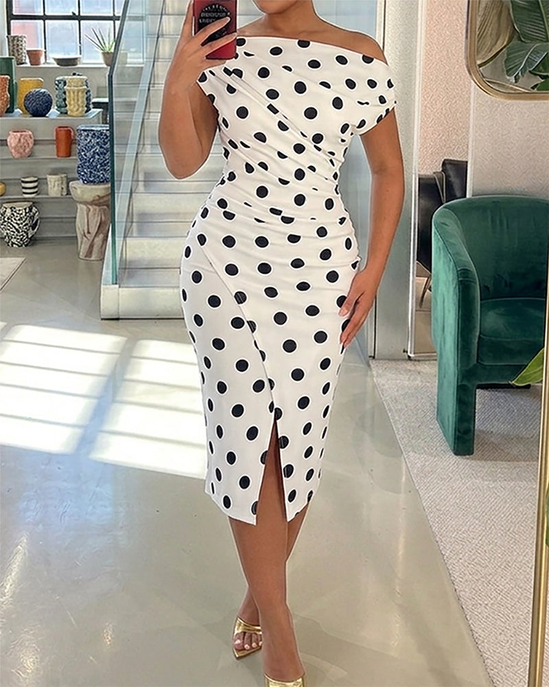 Polka Dot Print Skew Neck Ruched Mid-length Dress Elegant Wrapped Slit Dress - Image 7