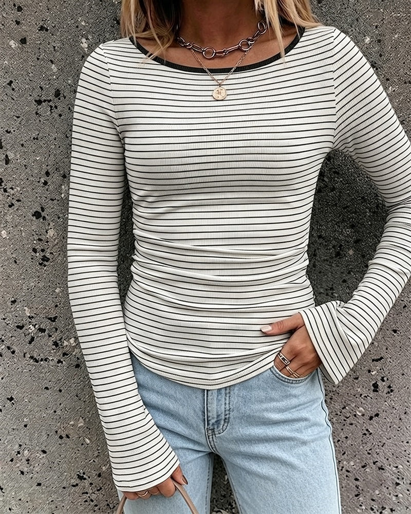 Women's French Boat Neck Striped Top Long Flare Sleeve Ribbed Knit Blouse Ruched Slim Fit Pullover - Image 5