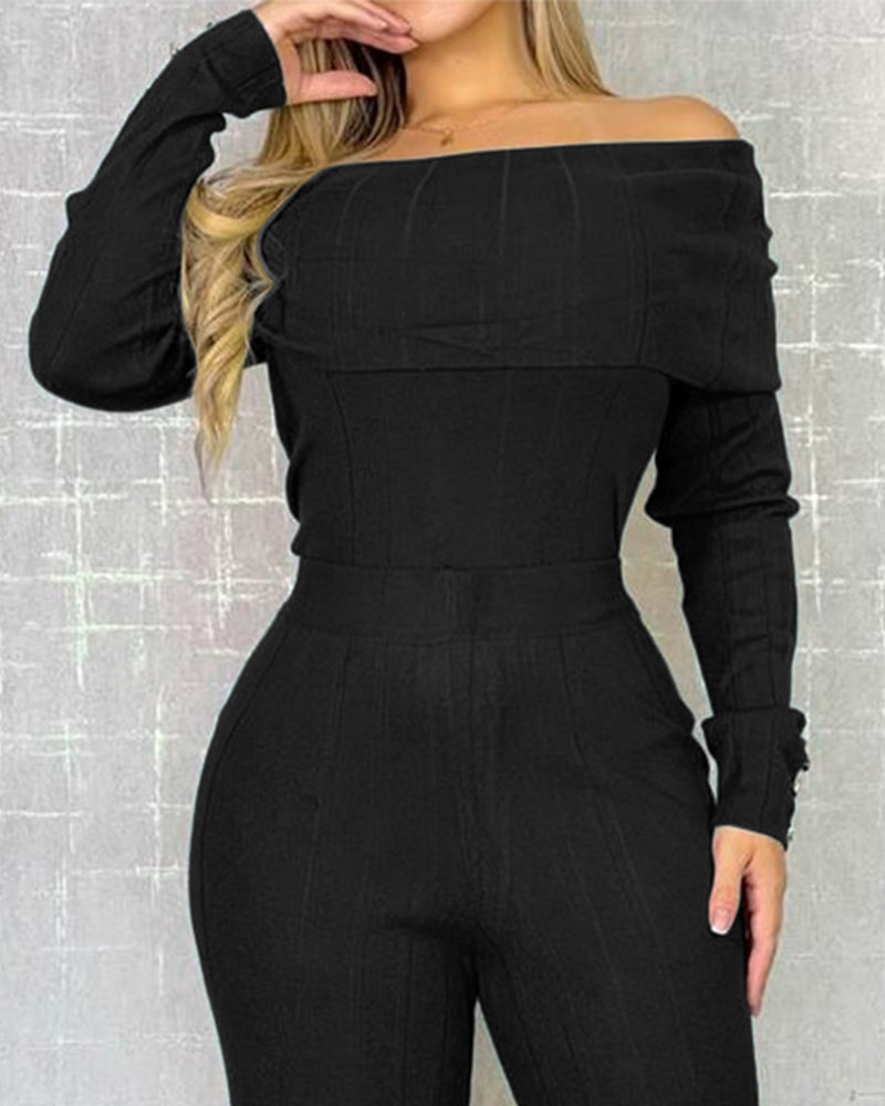 2 Pieces Outfit Button Decor Foldover Off Shoulder Slim Fit Top and Elastic Waist Wide Leg Pants Set Casual Ribbed Set - Image 9