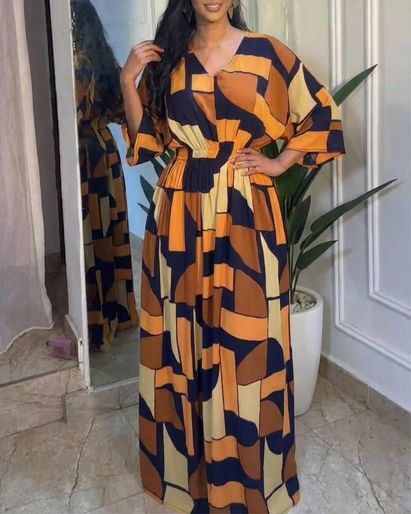 Colorblock Geometric Print V-Neck Batwing Sleeve Ruched Waist Overalls Casual Cinched Waist Wide Leg Jumpsuit - Image 6
