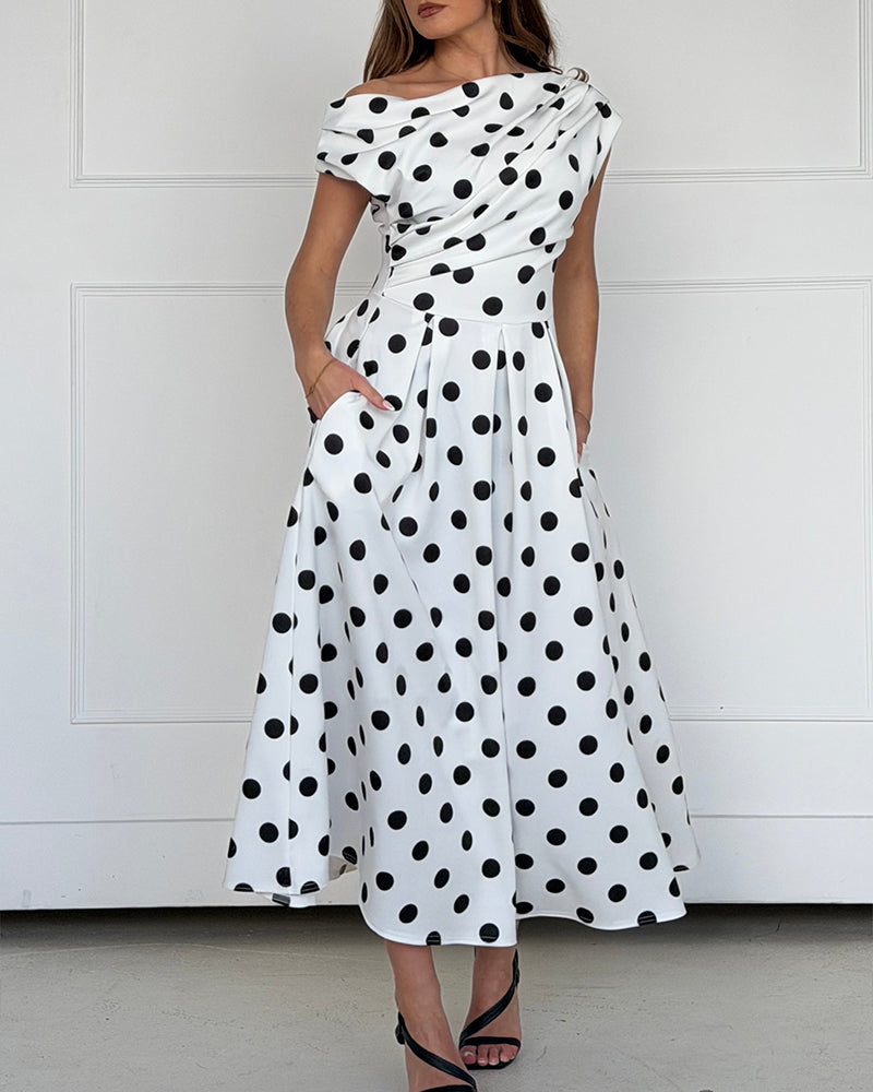 Women's Skew Neck Polka Dot Maxi Dress Ruched A-Line Swing Dress Elegant Party Cocktail Dress with Pockets - Image 5