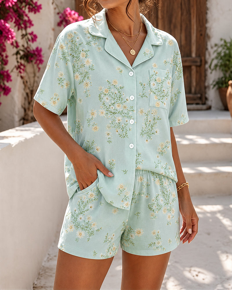 Women's Floral Print Pajama Set Short Sleeve Button Down Top and Shorts Casual Lounge Set - Image 3