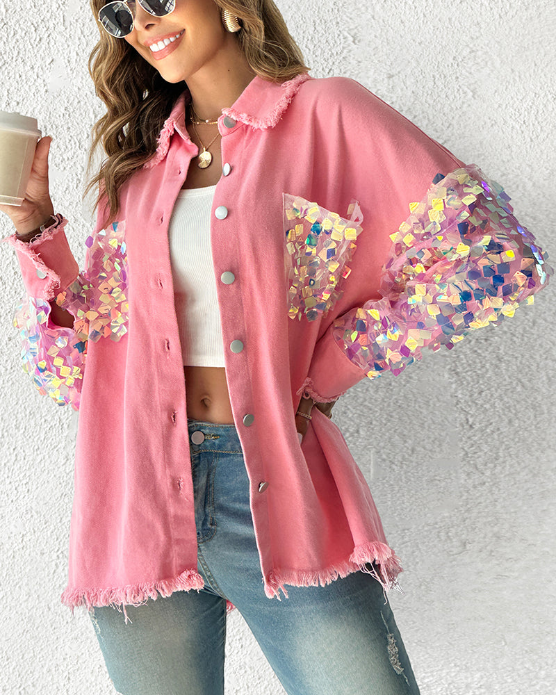 Contrast Sequin Long Sleeve Jacket Top Button Front Raw Hem Loose Fit Shacket - Image 9