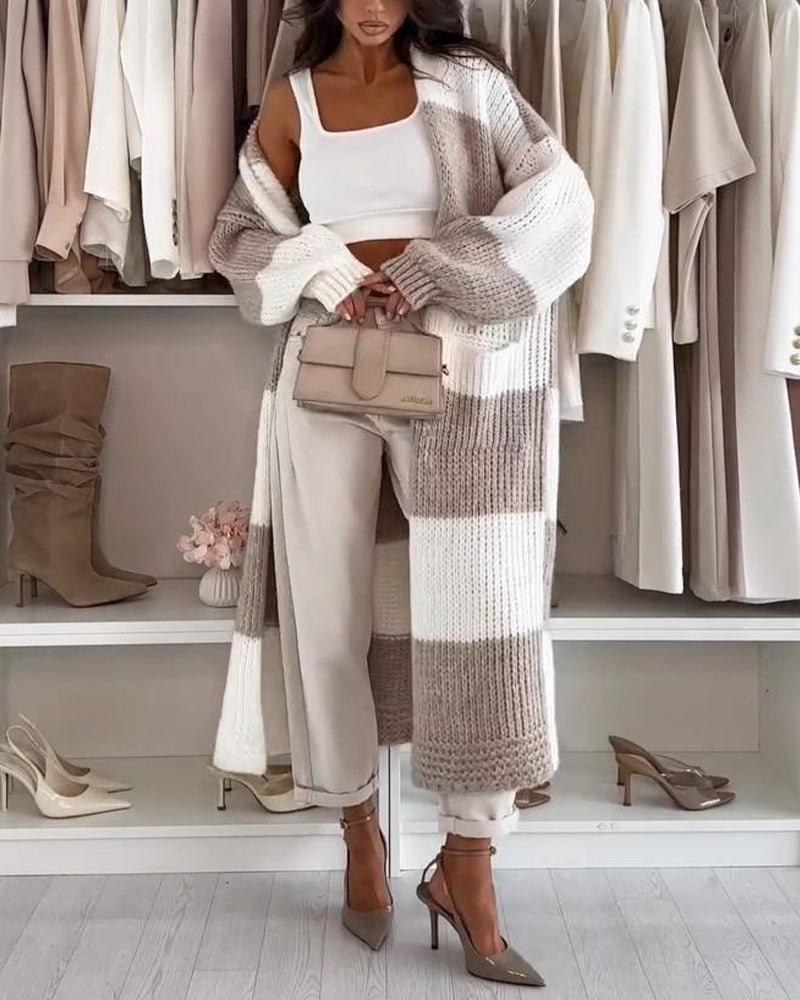 Women's Checkerboard Knit Cardigan Oversized Long Chunky Sweater Loose Lantern Sleeve Coat with Pockets - Image 3