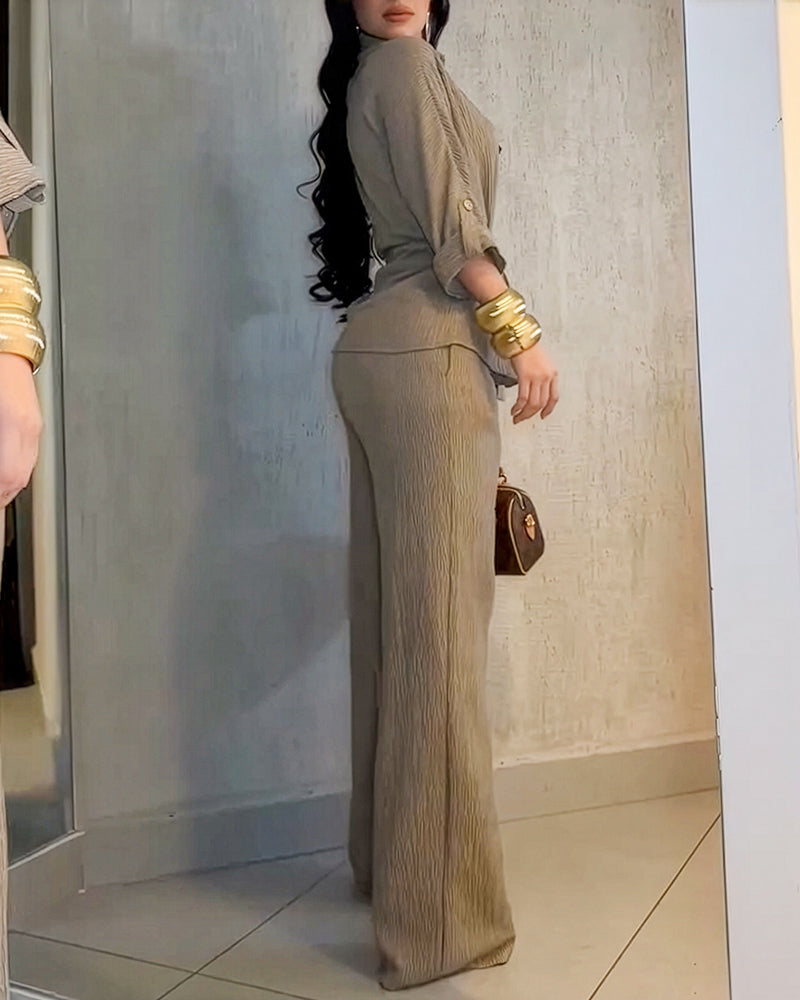 2 Pieces Outfit Vintage Turn-down Collar Roll Up Sleeve Button Front Flap Pocket Design Waist Drawstring Top and Elastic Waist Wide Leg Pants Set Casual Textured Commuting Set - Image 5