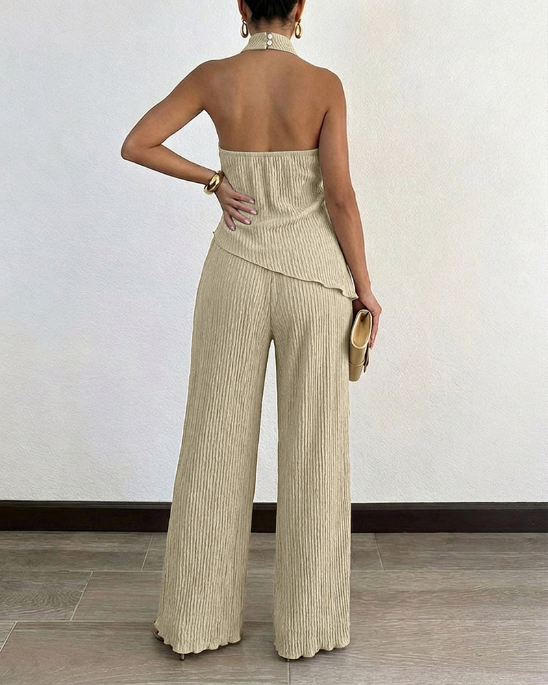 Women's Textured 2 Piece Outfits Halter Neck Backless Sleeveless Asymmetric Top and High Waist Wide Leg Pants Set - Image 2