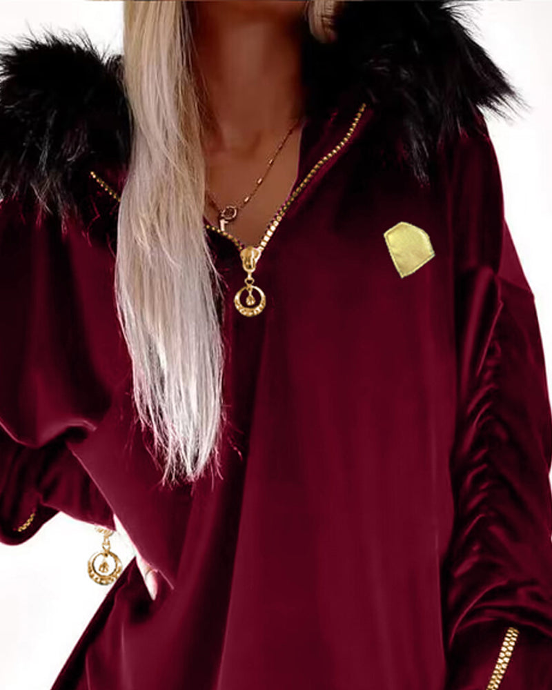Velvet Fuzzy Trim Hooded Mini Dress Long Sleeve Zipper Design Sweatshirt Pullover Casual Dress - Image 9