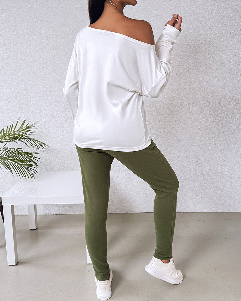 2 Pieces Outfit Nope. Not Today Slogan Print Skew Neck Long Sleeve Pullover Top And Casual Drawstring Stretchy Waist Slim Fit Pants Set - Image 5