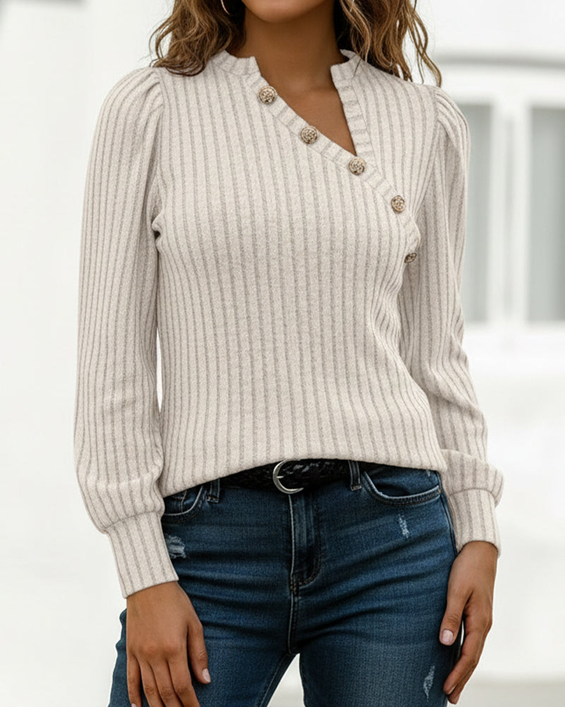 Button Decor Asymmetrical V-Neck Long Sleeve Ribbed Tee Casual Knit Brushed Top - Image 4