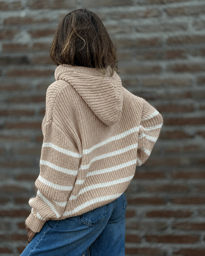 Women's Striped Henley Drawstring Hooded Sweater Loose Fit Lantern Sleeve Knit Pullover - Image 7