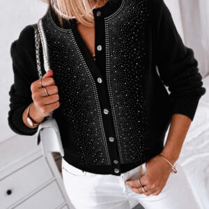 Women's Rhinestone Crewneck Knit Cardigan Button Down Long Sleeve Sweater Top