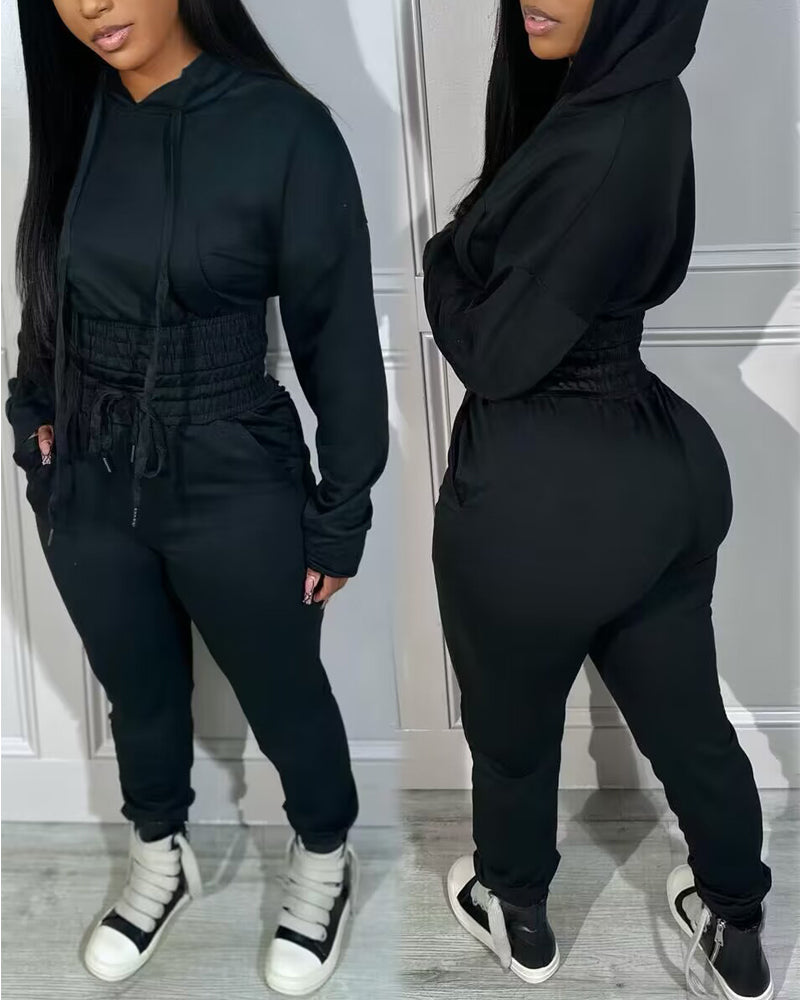 2 Pieces Outfit Drop Shoulder Kangaroo Pocket Stretchy Hem Crop Drawstring Hoodie Sweatshirt And Drawstring Elastic Waist Jogger Sweatpants Casual Tracksuit - Image 21