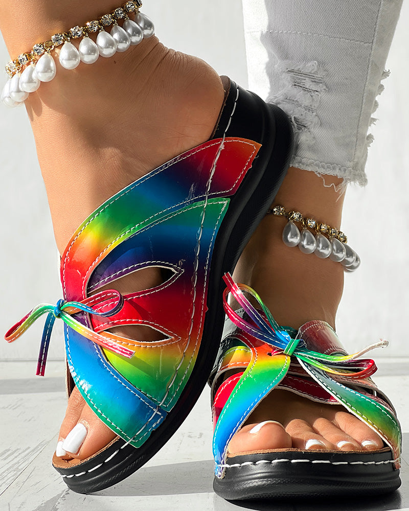 Hollow Out Tied Detail Wedge Slippers - Image 2