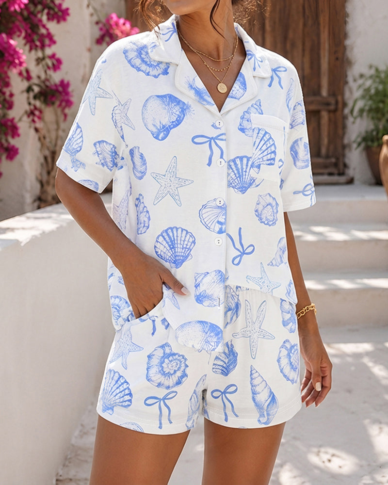 Women's Button Down Pajama Set Seashell Starfish Bowknot Print Short Sleeve Top and Shorts Casual Loungewear - Image 3