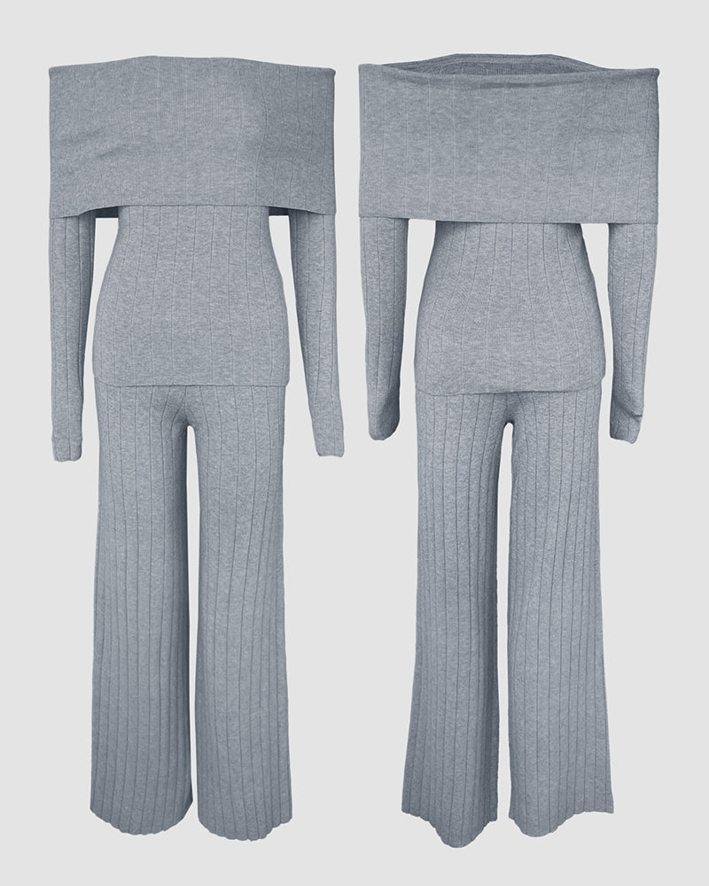 2 Pieces Outfit Button Decor Foldover Off Shoulder Slim Fit Top and Elastic Waist Wide Leg Pants Set Casual Ribbed Set - Image 4