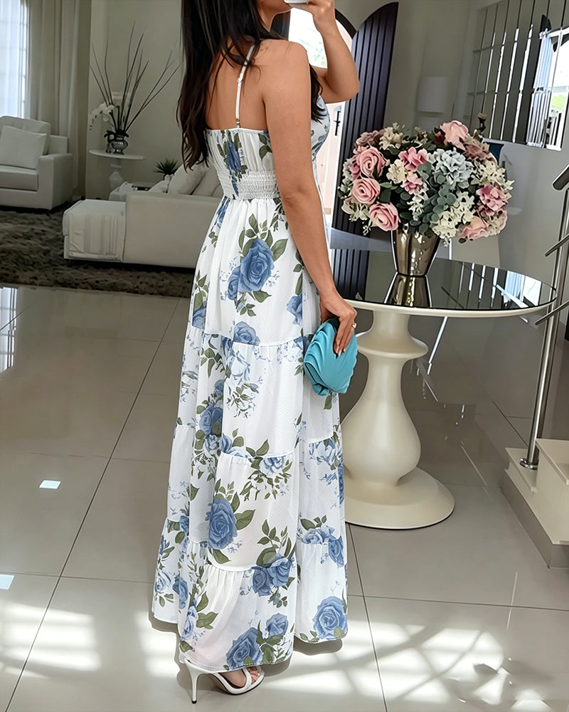 Women's Floral Print Maxi Dress Ruffle Hem Cami Dress V Neck Shirred Summer Vacation Boho Long Dress with Built-In Bra - Image 2
